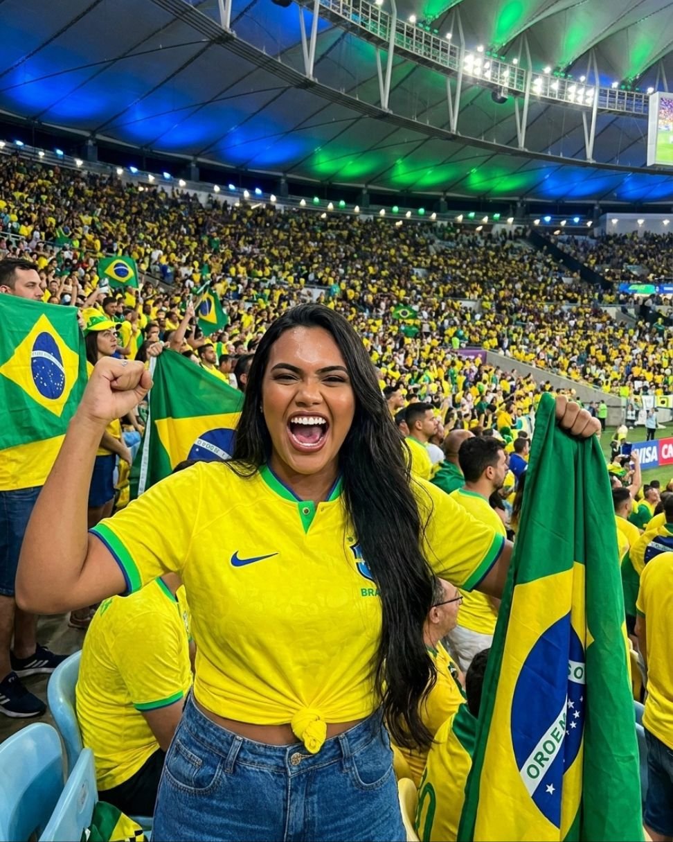 Mulher jovem comemorando na arquibancada