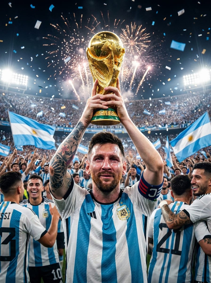 Lionel Messi lifting the FIFA World Cup trophy