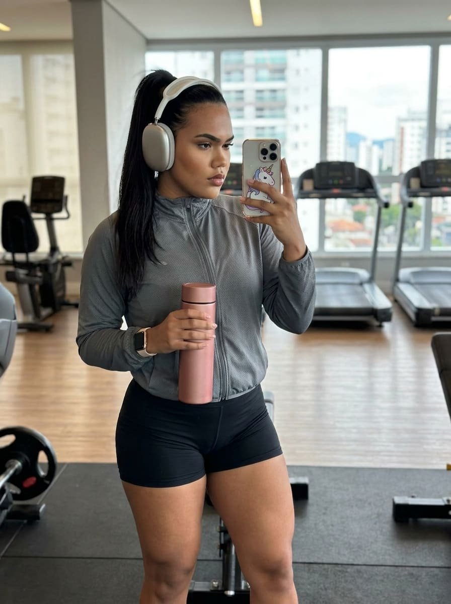 Woman taking selfie in modern gym