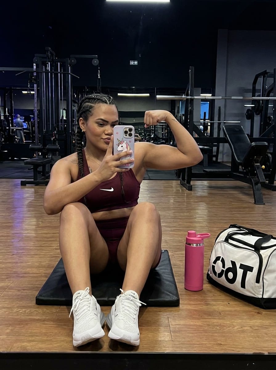 Woman sitting on gym mat