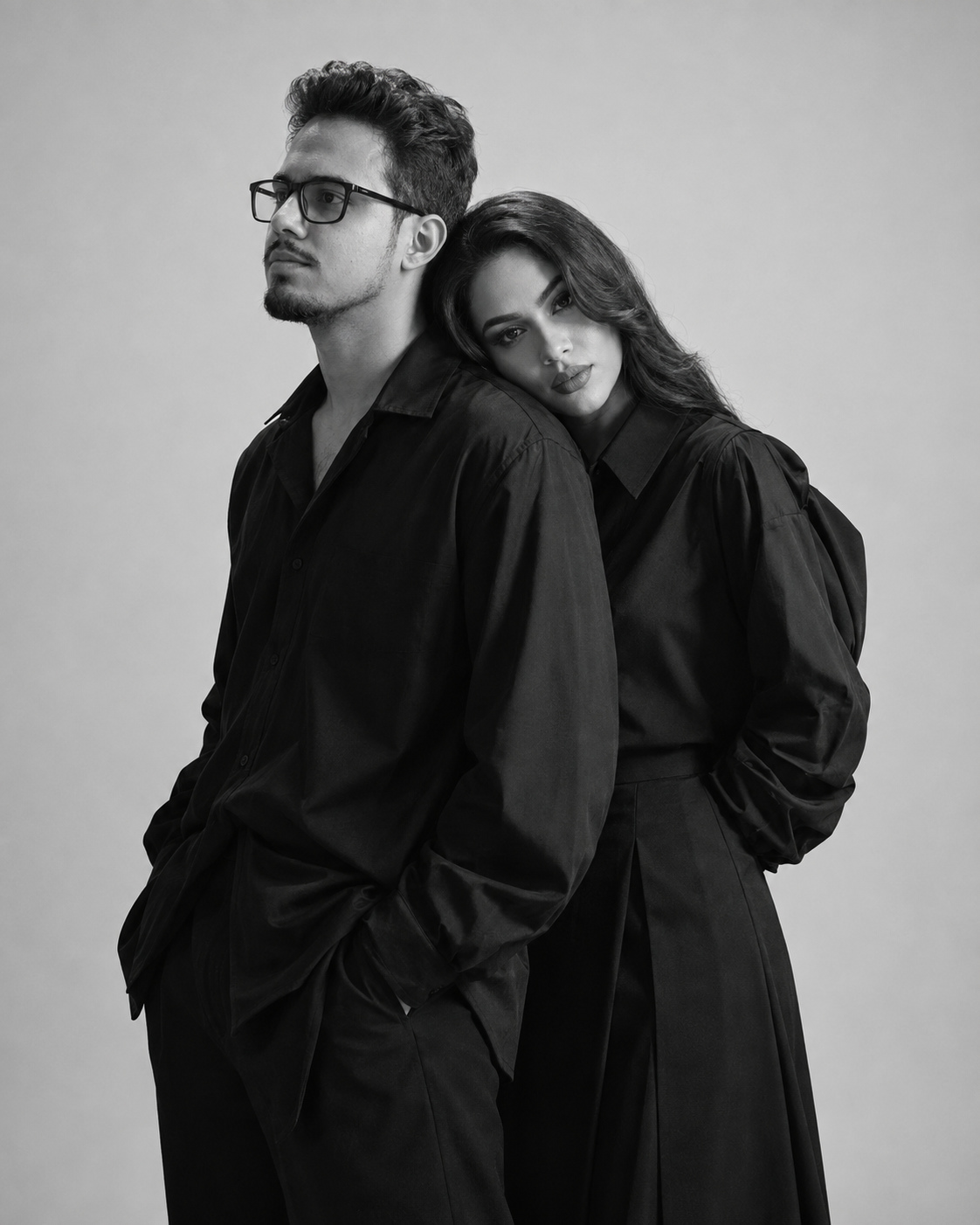 Casal em alfaiataria preta em retrato editorial de estúdio, em preto e branco.